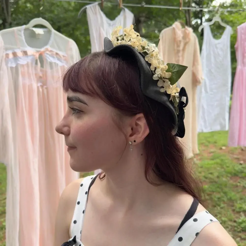 40s garden party tilt hat wavy scallop brim blossom black velvet ribbon bow